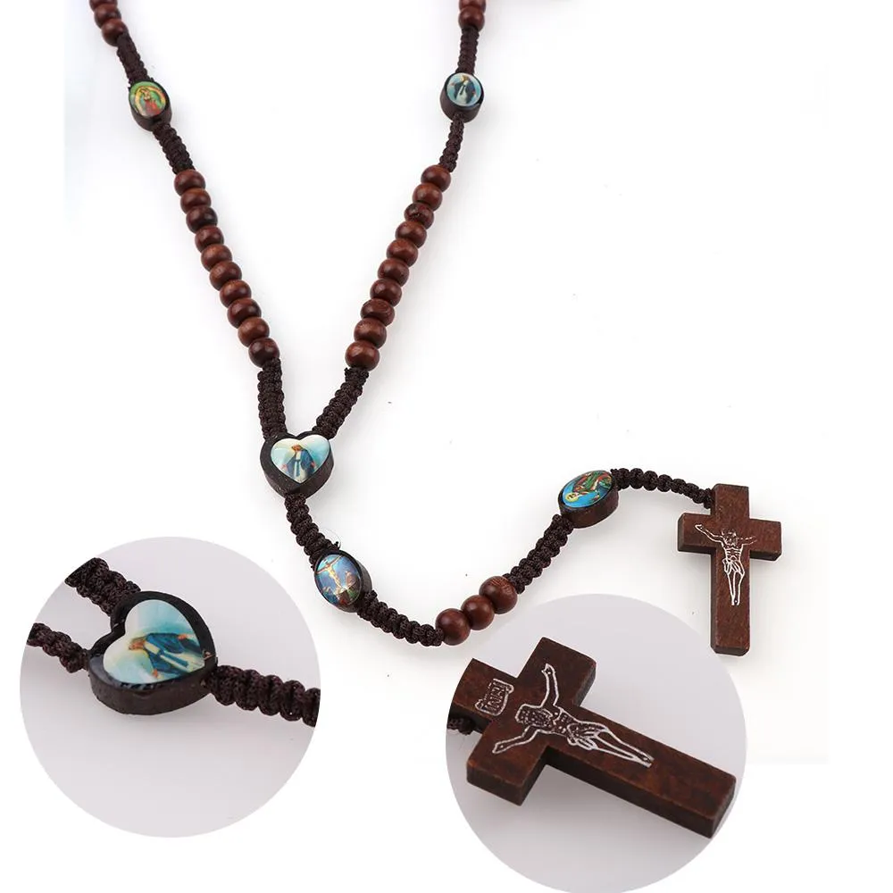 I.N.R.I. Crucifix Jesus Crucifix Cross Wood Rosary Pendant Necklace