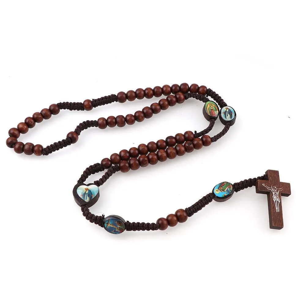 I.N.R.I. Crucifix Jesus Crucifix Cross Wood Rosary Pendant Necklace