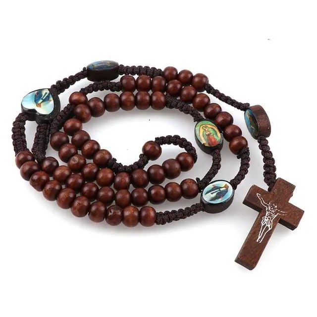 I.N.R.I. Crucifix Jesus Crucifix Cross Wood Rosary Pendant Necklace