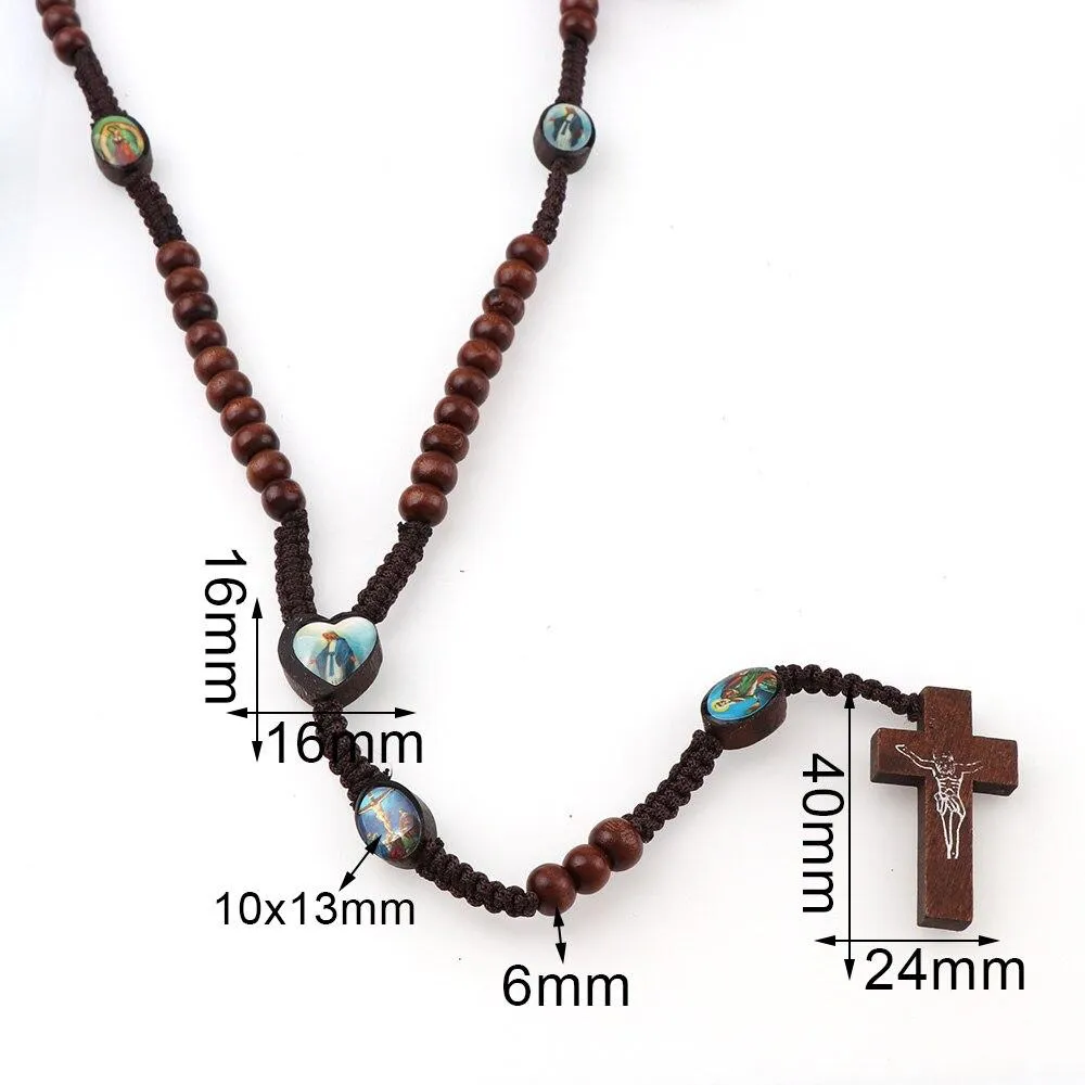 I.N.R.I. Crucifix Jesus Crucifix Cross Wood Rosary Pendant Necklace