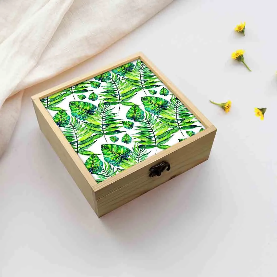 Jewellery Box Wooden Jewelry Organizer -  Dark Green Tropical Leaf