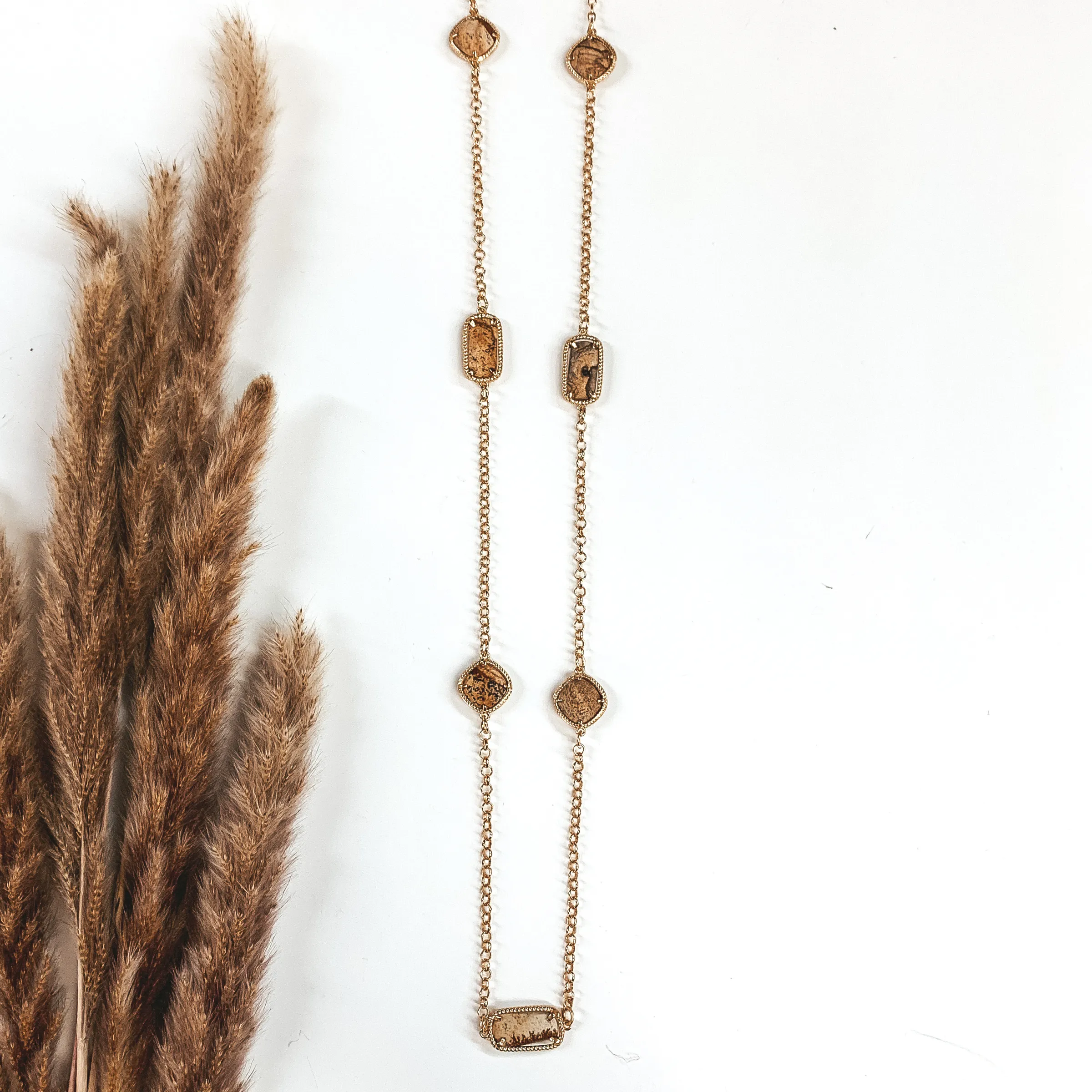 Long Gold Necklace with Brown Marbled Stones