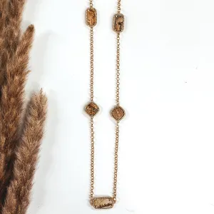 Long Gold Necklace with Brown Marbled Stones