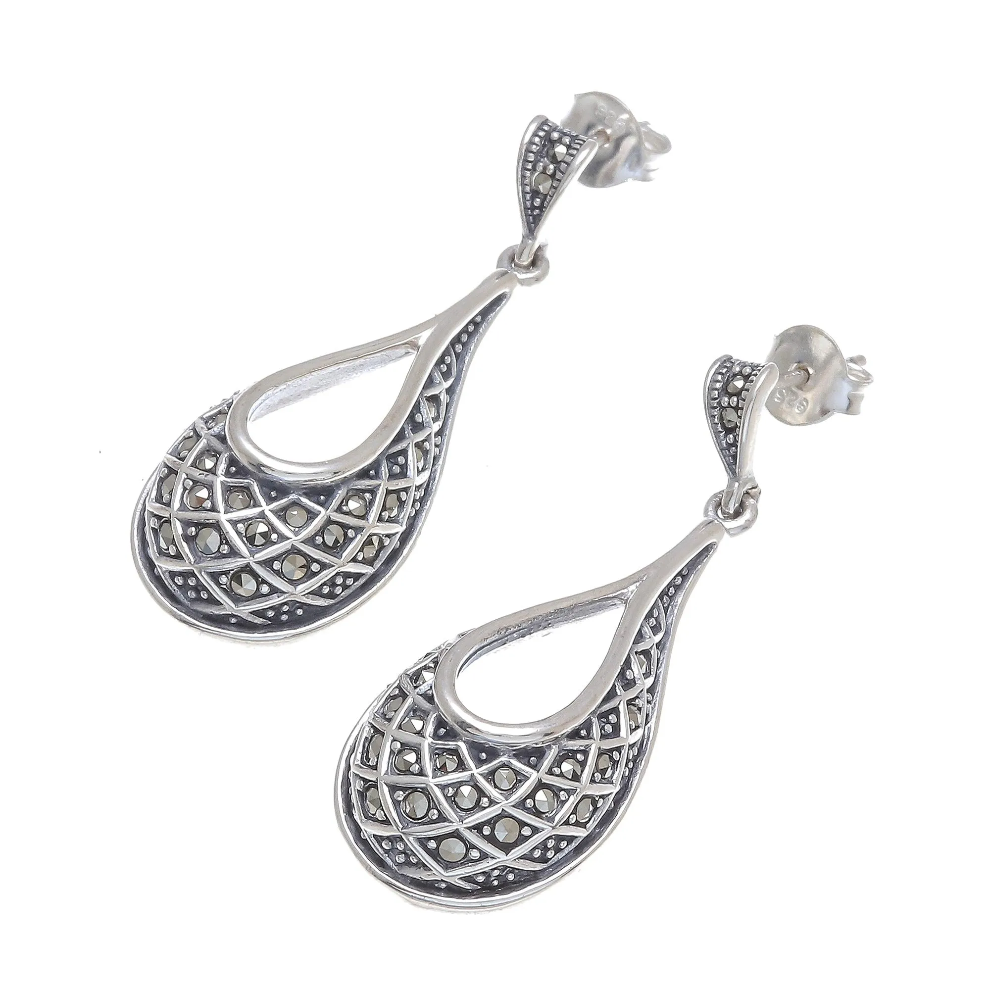 Lovely Dew Sterling Silver and Marcasite Dangle Earrings from Thailand