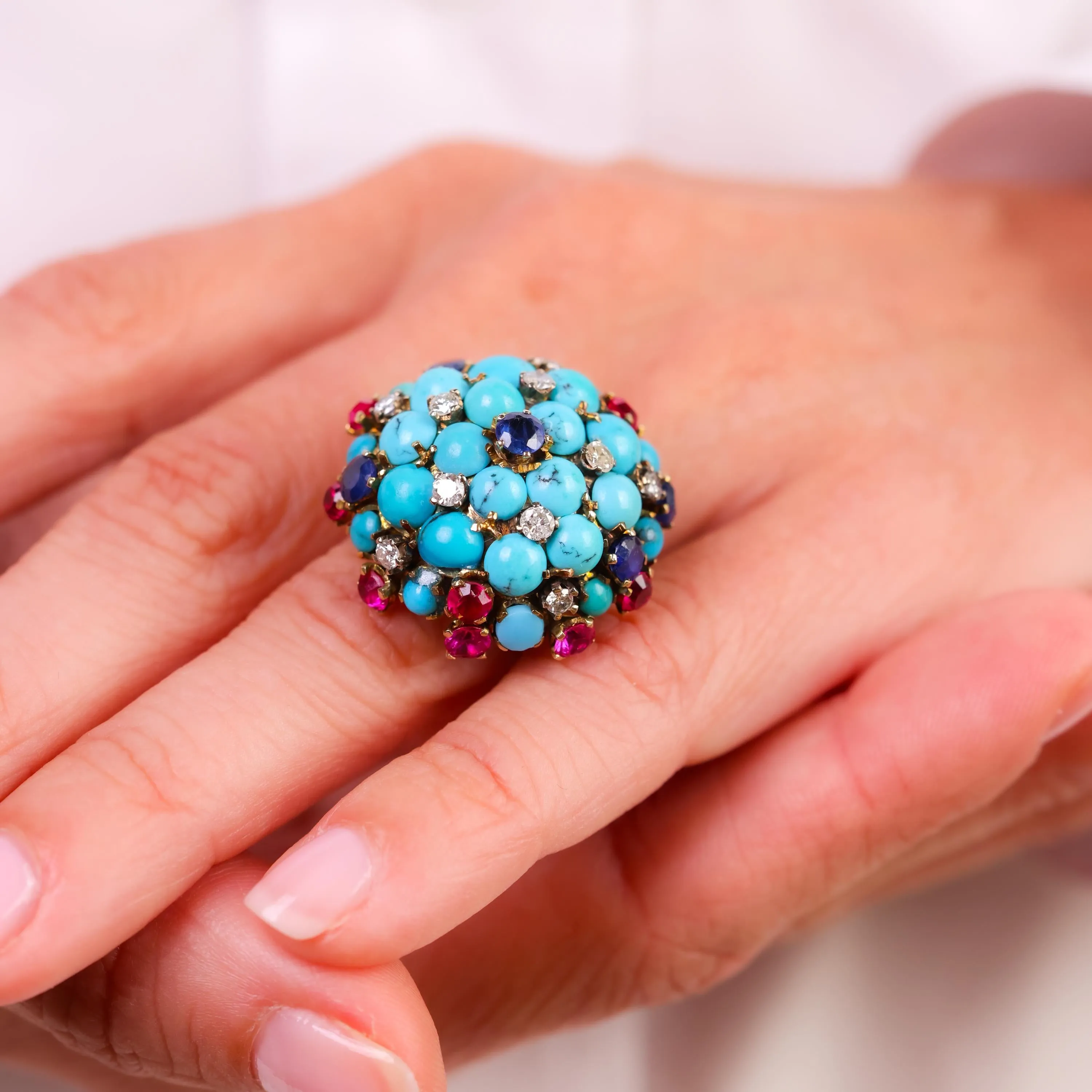 Mid Century turquoise sapphire ruby diamond 14k yellow gold cocktail ring