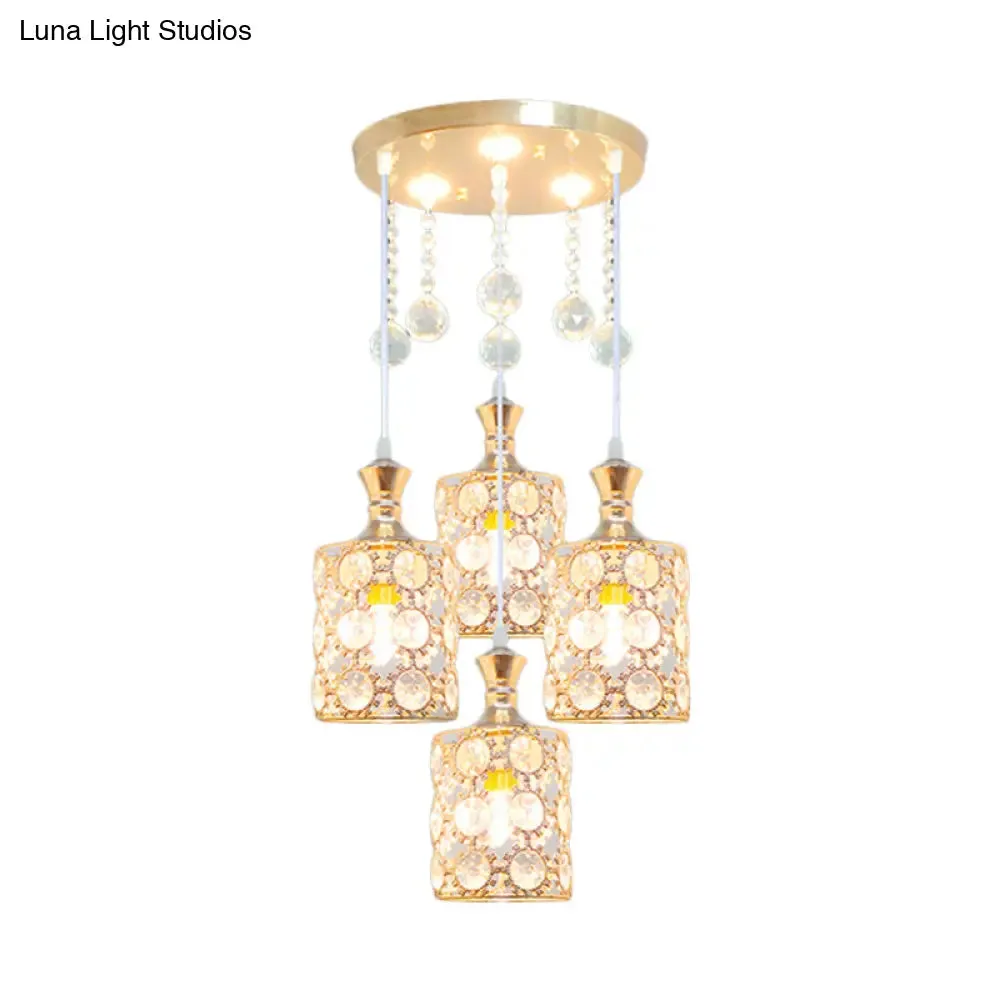 Modernist Gold Crystal-Encrusted 4-Head Hanging Pendant Lamp with Ball Droplet