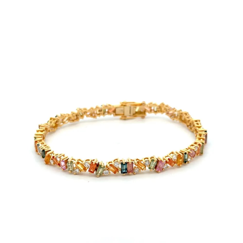 Multi Shape Rainbow Multi Color Sapphire and Diamond Tennis Bracelet (8.15 ct.) in 14K Gold