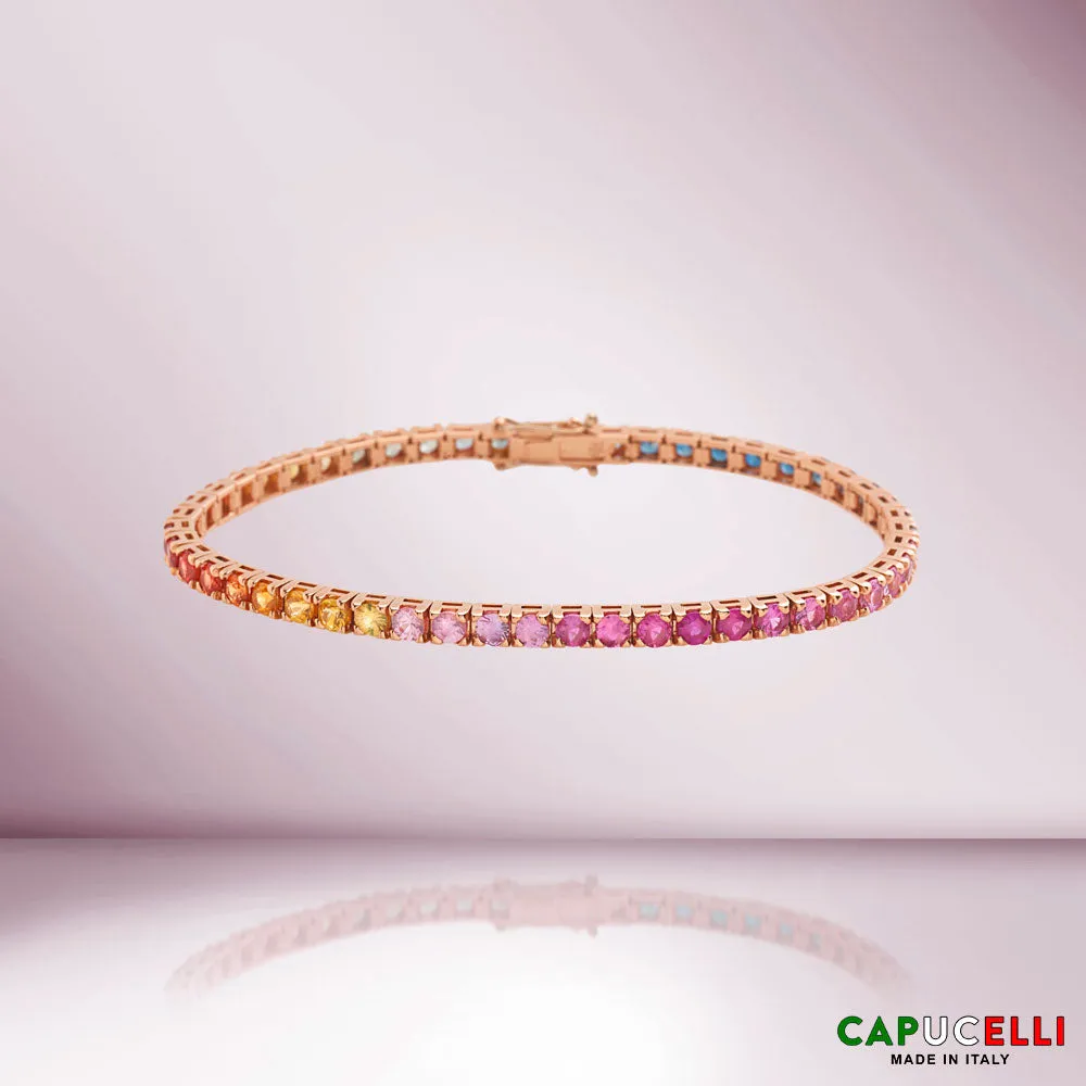 Multicolor Sapphire Tennis Bracelet (8.50 ct.) 4-Prongs Setting in 18K Gold, Made In Italy