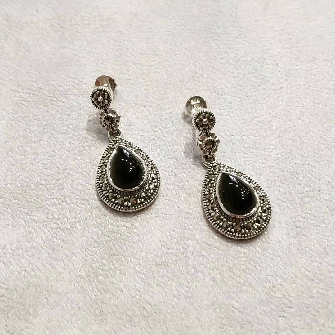 Oval Teardrop Black Onyx Earrings