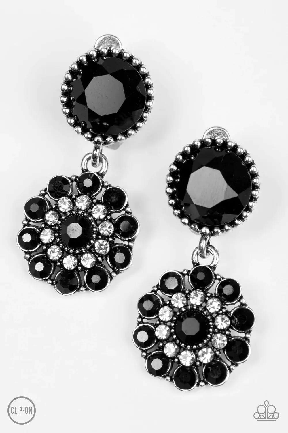 Paparazzi Earring ~ Glittering Gardenias - Black Clip-On