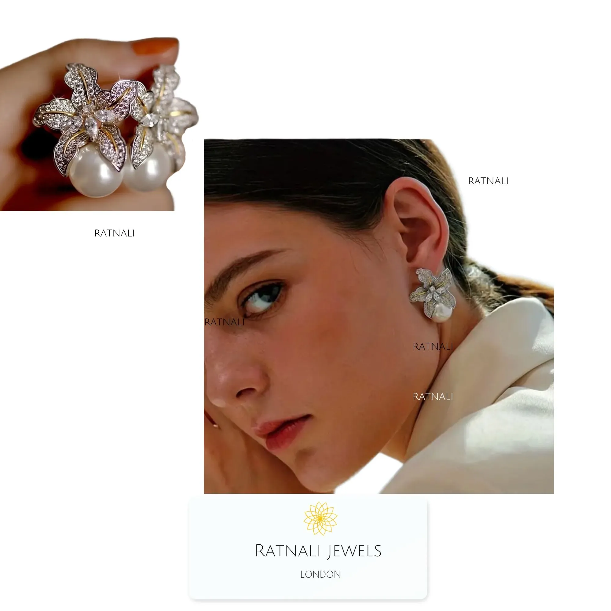 Pearl drop zirconia flower earrings | Wedding pearl stud earrings