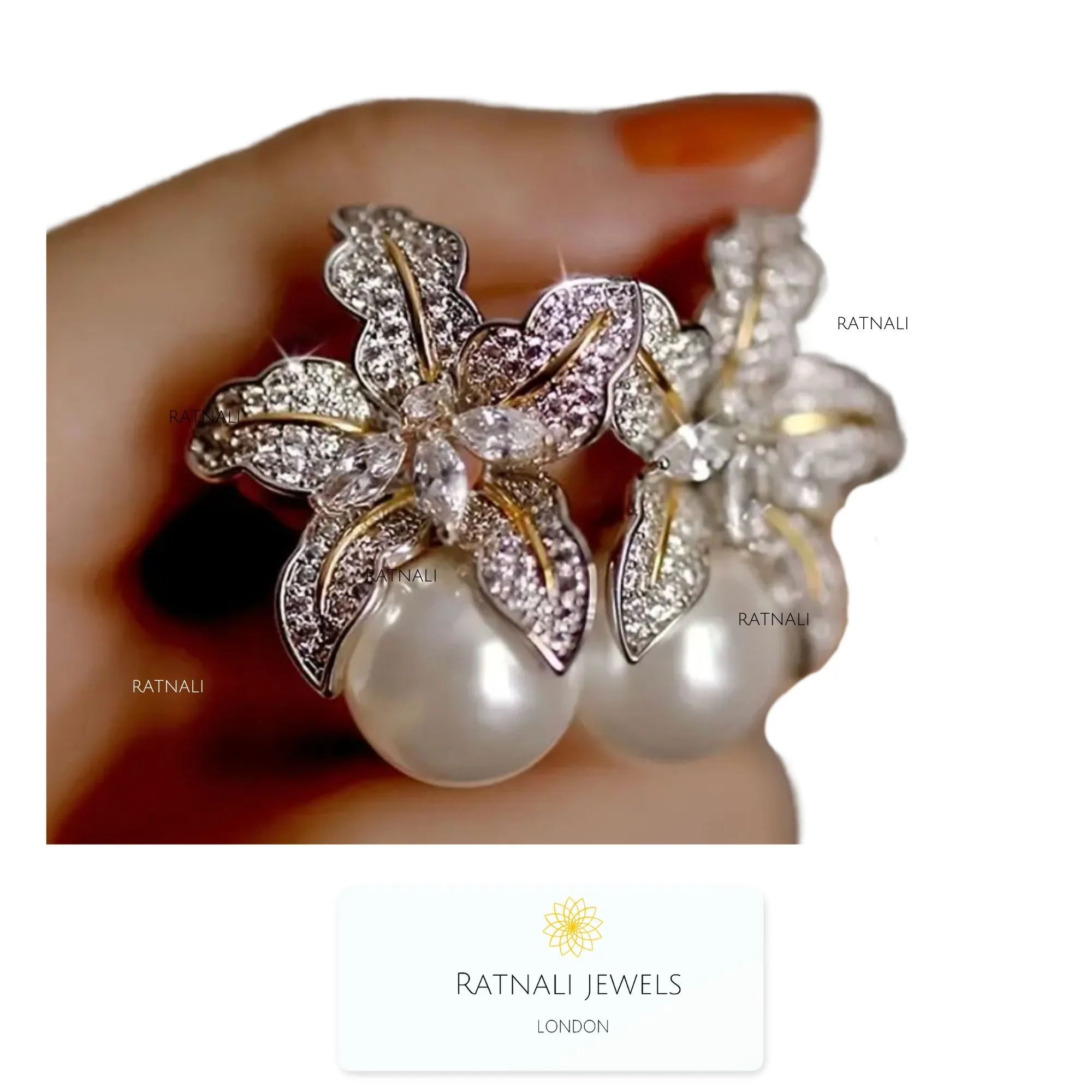 Pearl drop zirconia flower earrings | Wedding pearl stud earrings