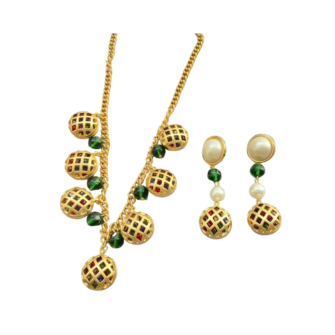 Pre Order:  Classic Glass Bird Cage Necklace   Pearl Earrings Set