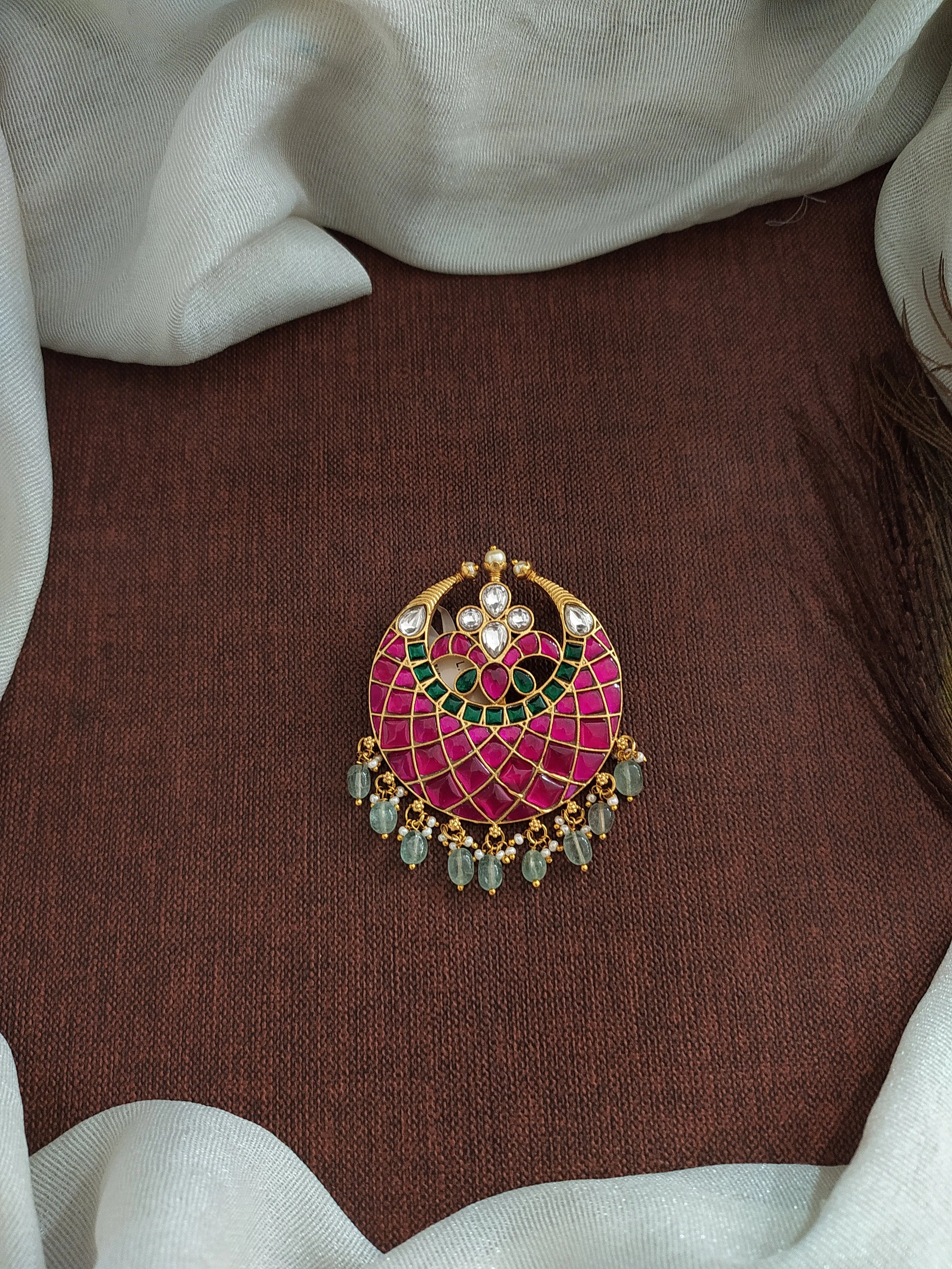 Regal Elegance: Gold Plated Red & Green Jadau Kundan Pendant Set