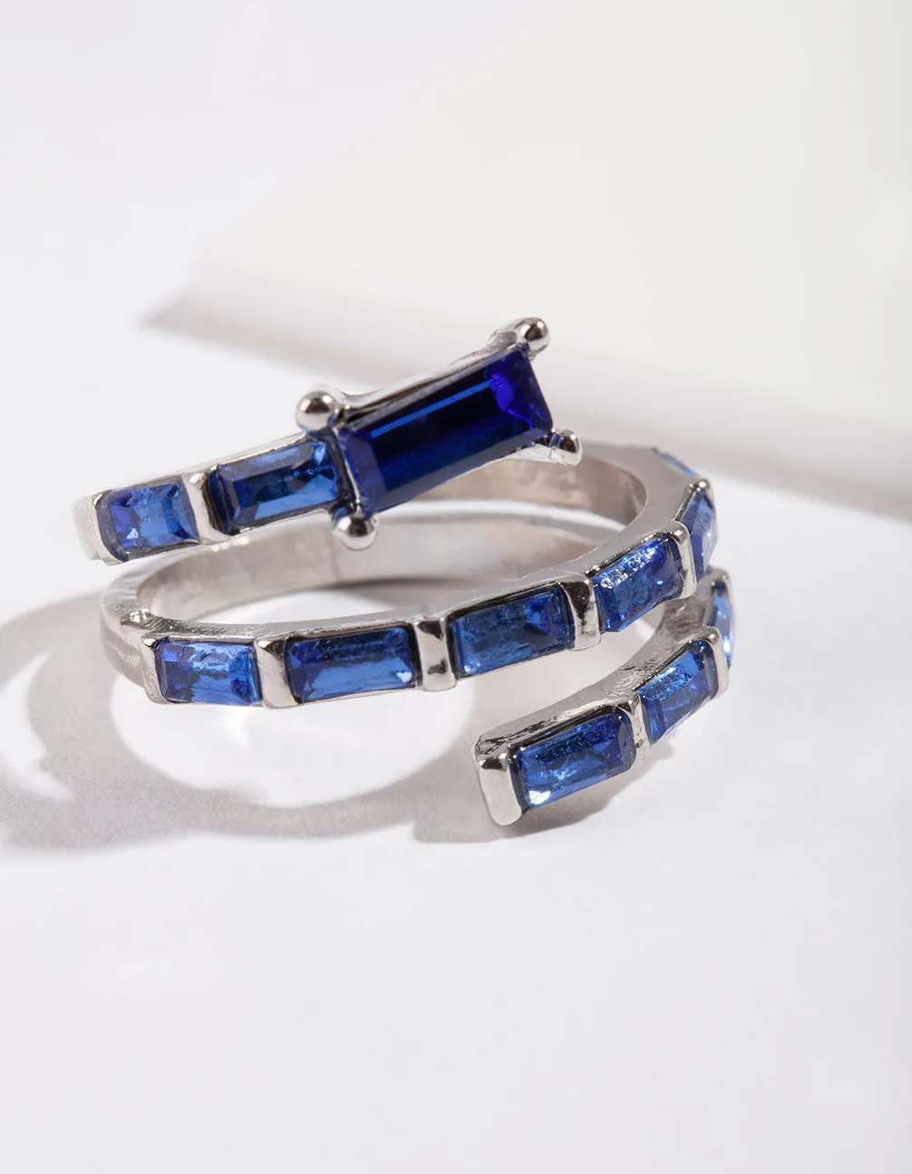 Rhodium Blue Gem Baguette Wrap Band Ring