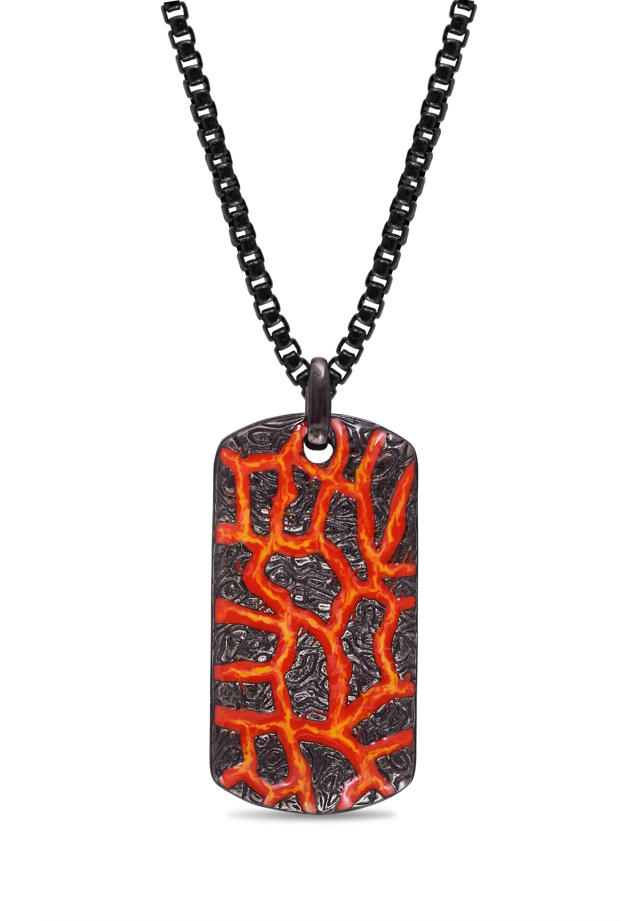 Rivers of Fire Black Rhodium Plated Sterling Silver Textured Red Orange Enamel Tag