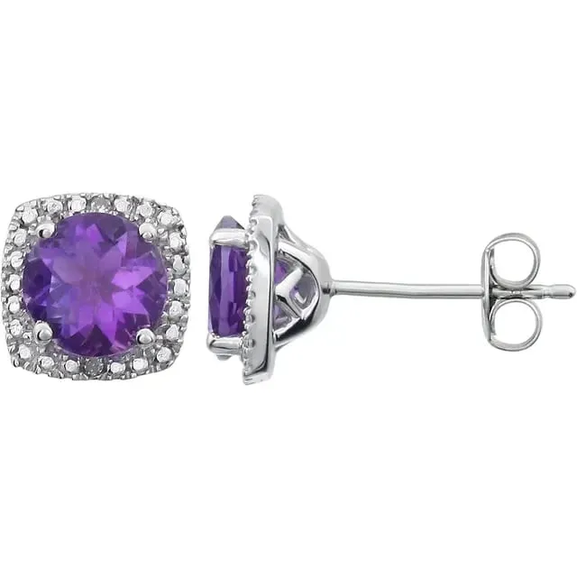 Round Amethyst Diamond Halo Stud Earrings in Sterling Silver