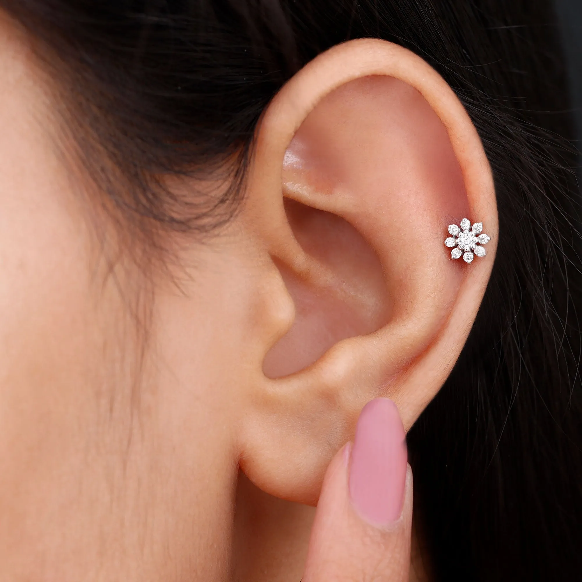 Sparkling Diamond Flower Cartilage Earring with Flat Back