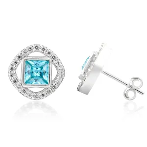 Sterling Silver Blue And White Cubic Zirconia Stud Earrings