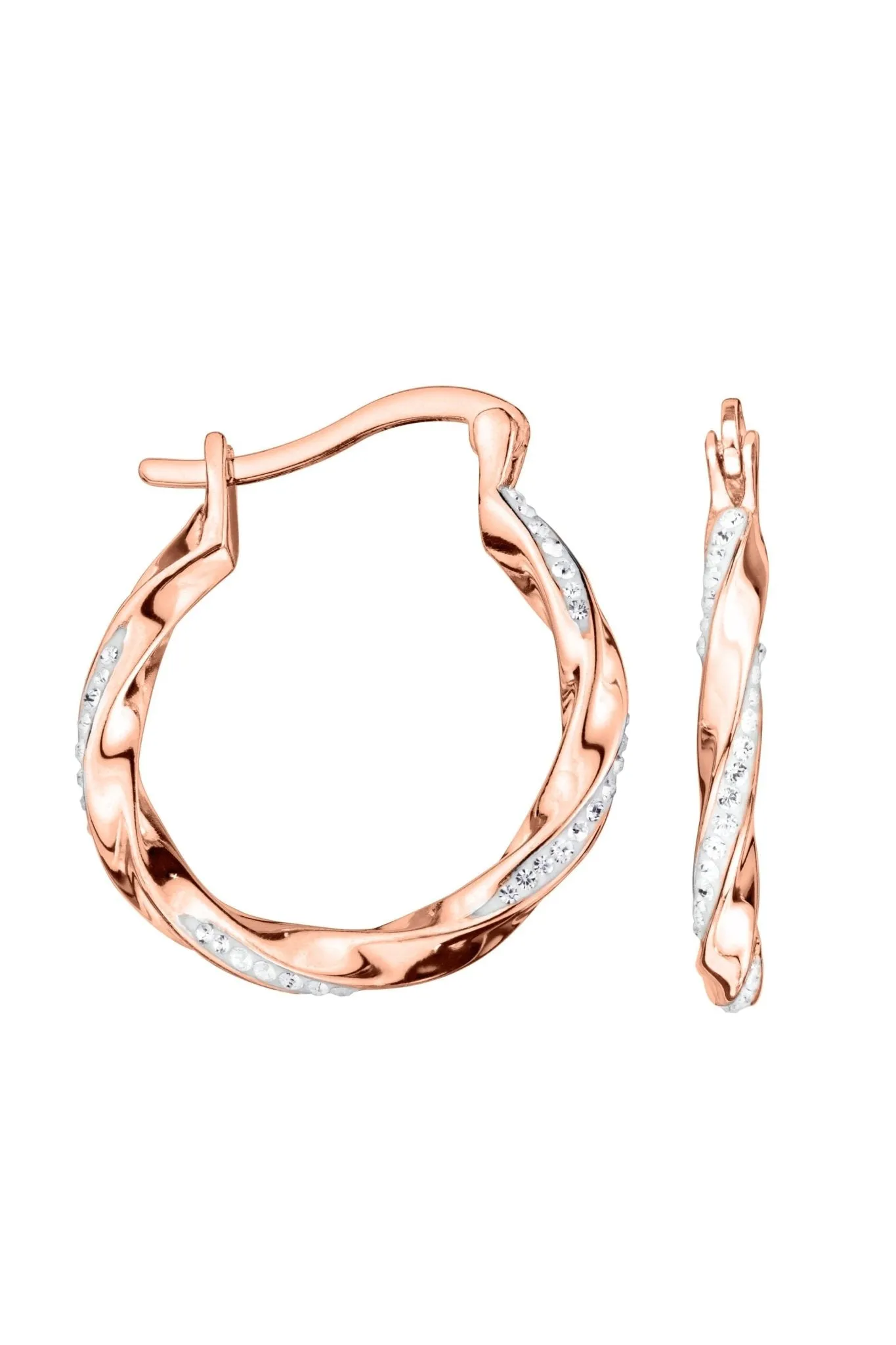 Sterling Silver Rose Gold Plated Crystal Twist 20mm Hoop Earrings