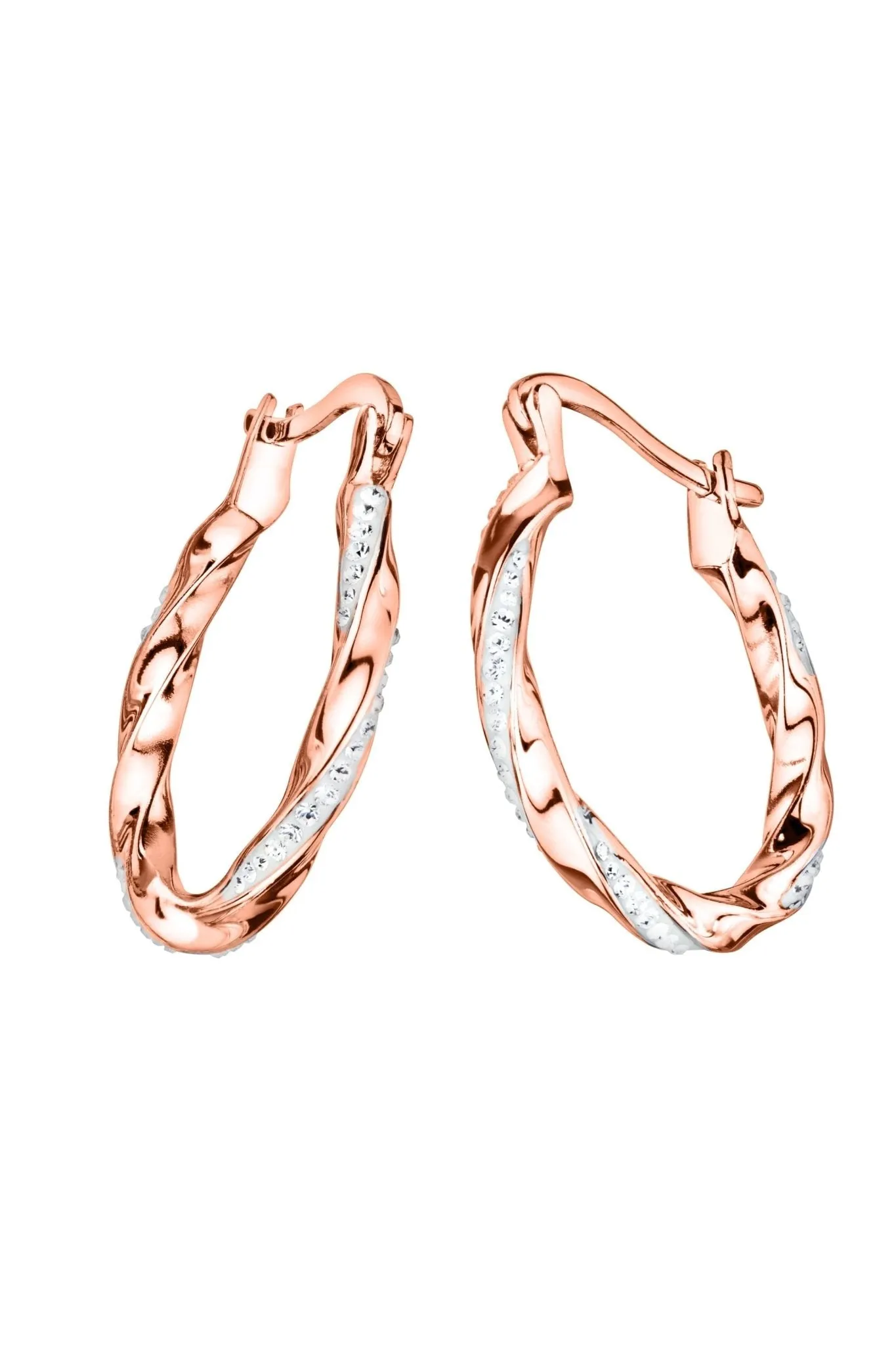 Sterling Silver Rose Gold Plated Crystal Twist 20mm Hoop Earrings