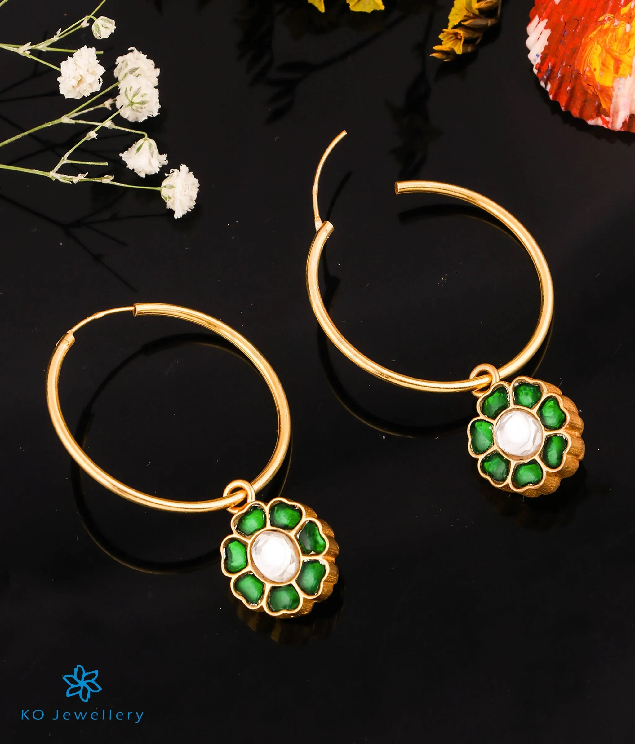 The Green Flower Silver Kundan Hoops