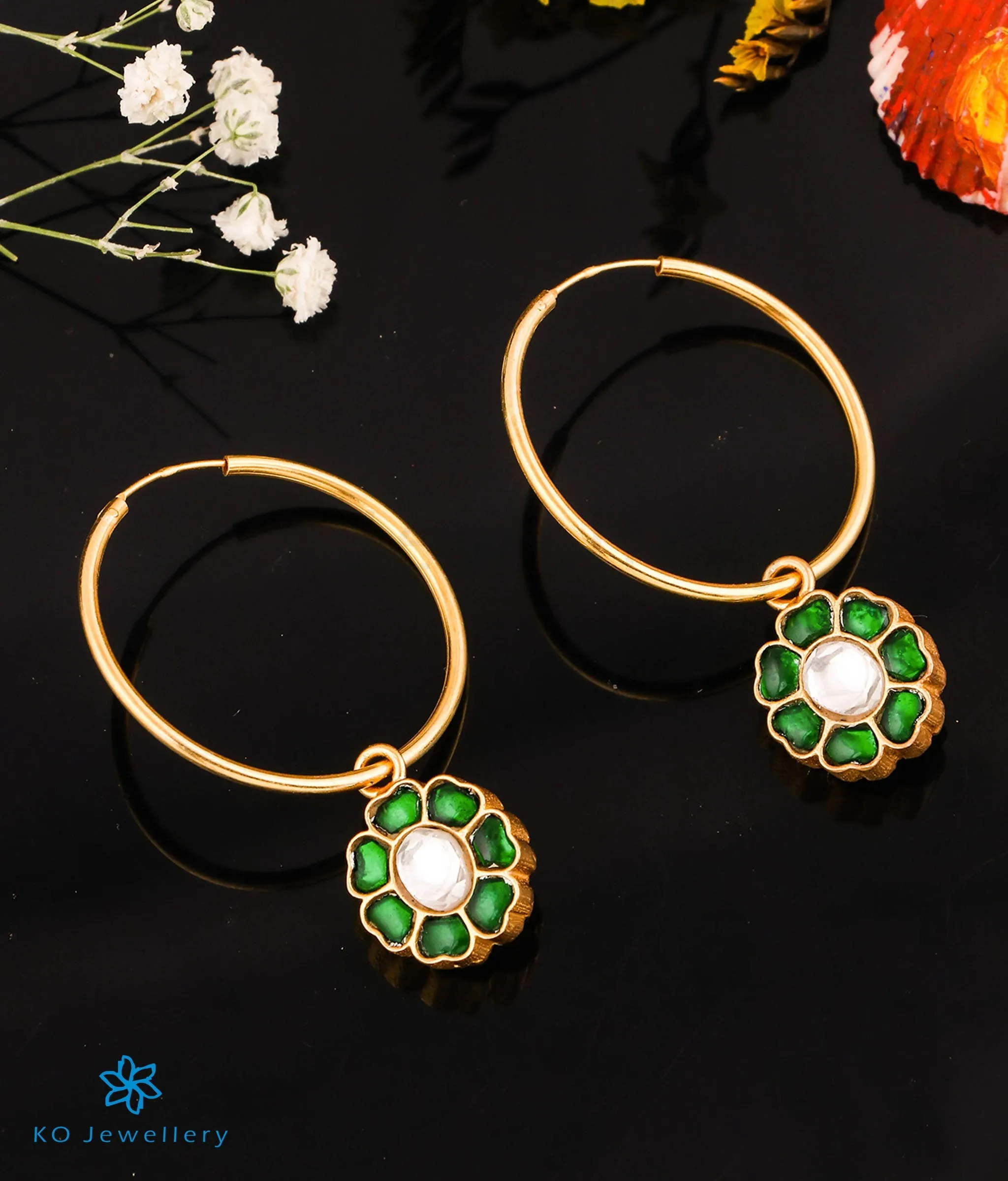 The Green Flower Silver Kundan Hoops