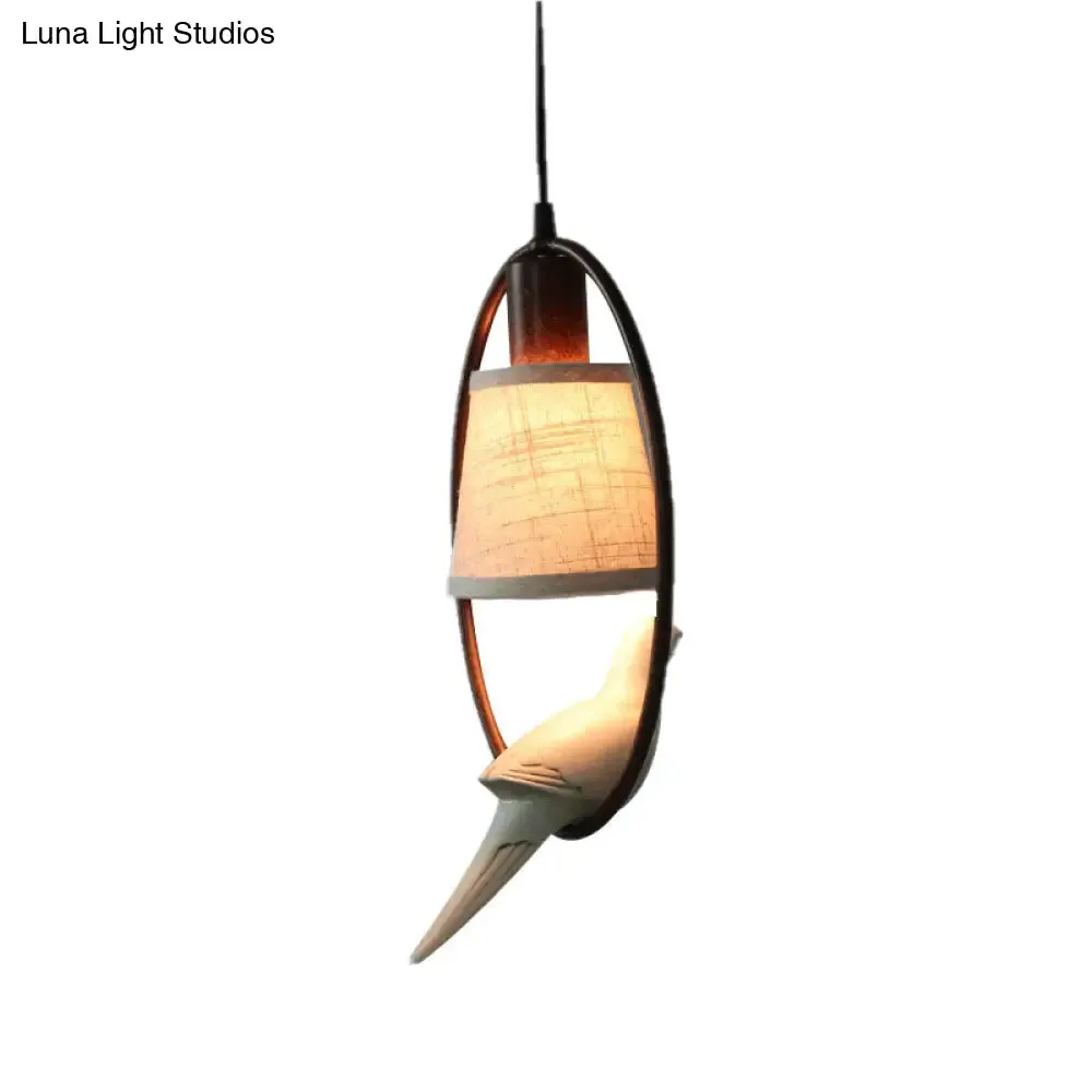 Traditional Tapered Fabric Pendant Light with Bronze Ring Frame - 1 Light Ceiling Hanging Fixture for Living Room