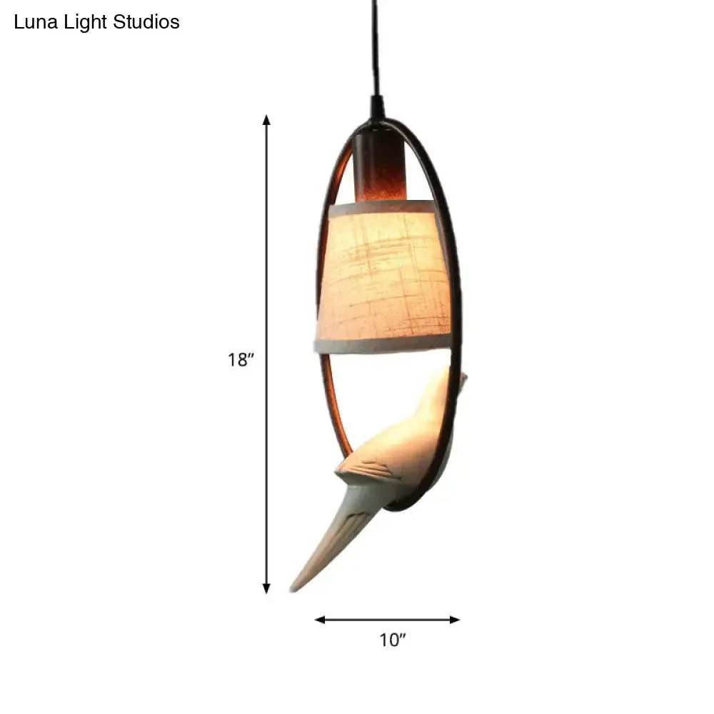 Traditional Tapered Fabric Pendant Light with Bronze Ring Frame - 1 Light Ceiling Hanging Fixture for Living Room