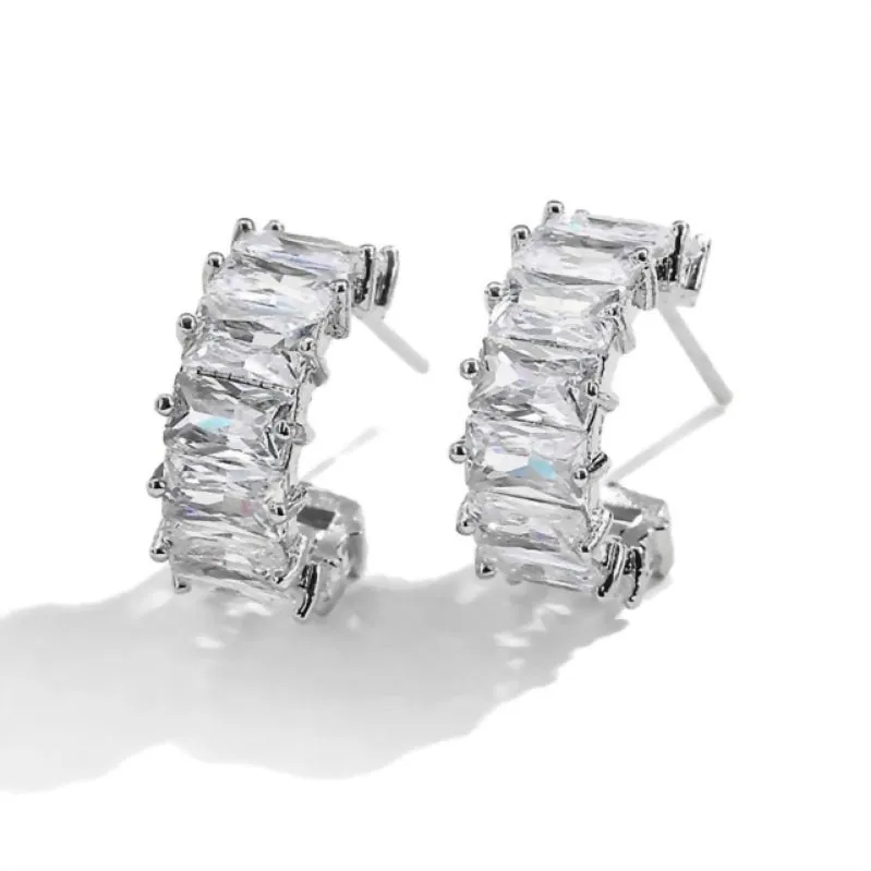 Trendy AAA Baguette Cubic Zirconia T Stone Hoop Earrings For Women