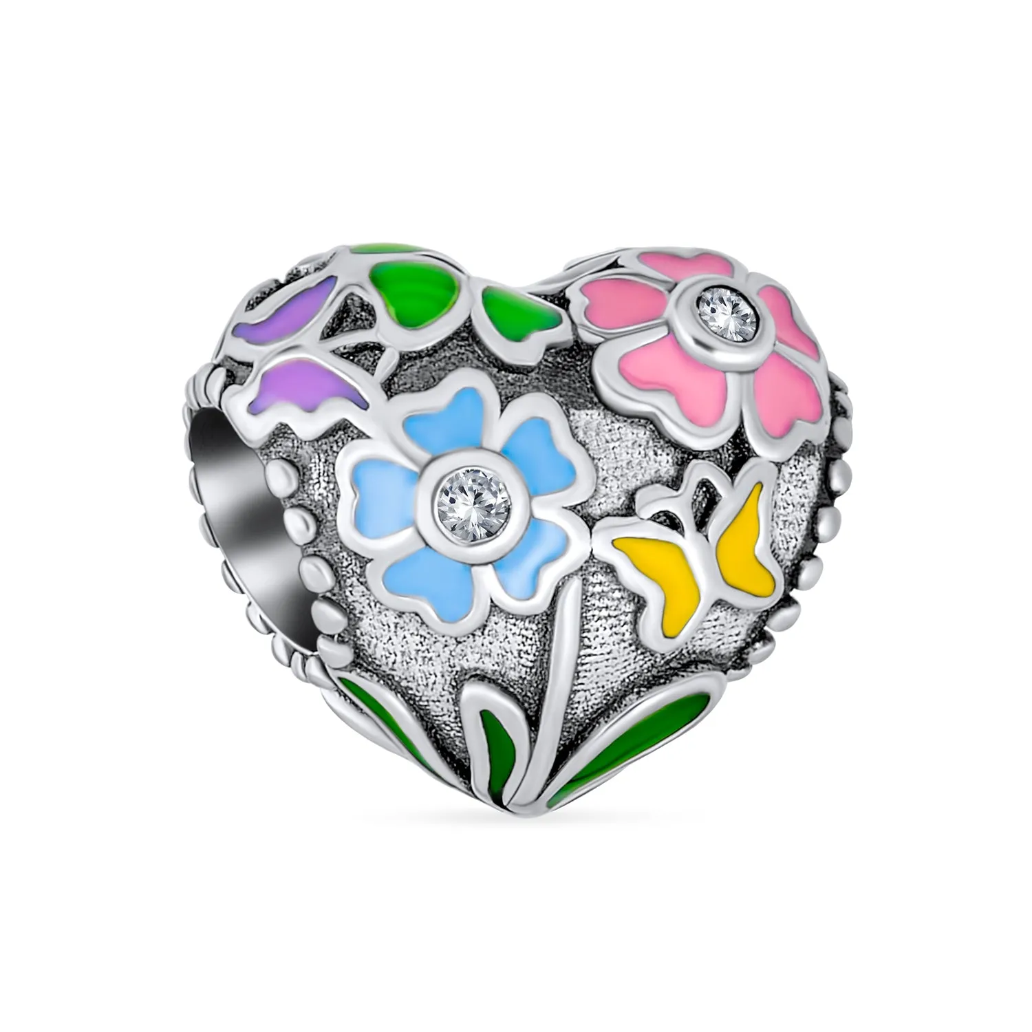 Valentine CZ Accent Love Grows Floral Heart Charm Bead Sterling Silver Bracelet