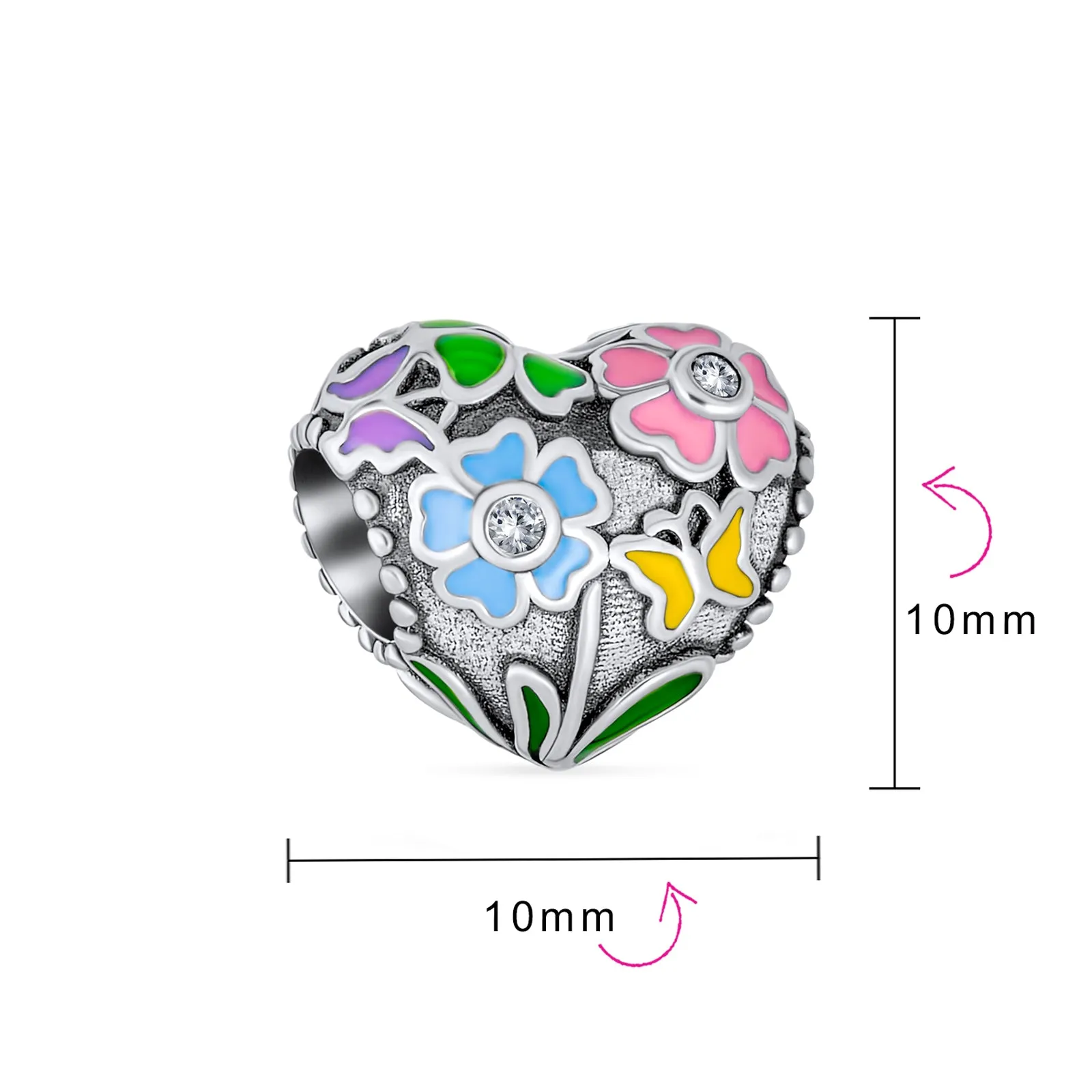 Valentine CZ Accent Love Grows Floral Heart Charm Bead Sterling Silver Bracelet