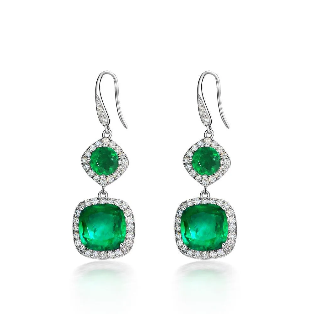 Vintage Emerald Green Cushion Cut Halo Drop Earrings