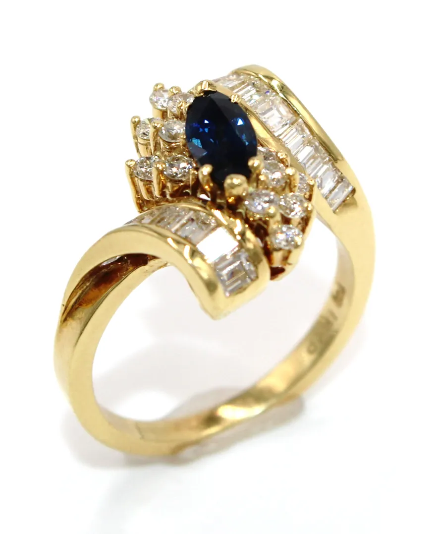 Vintage Marquise Sapphire Ring with Diamonds in 18K Gold