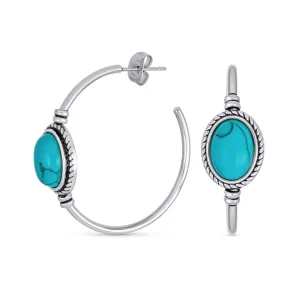 Western Style Oval Blue Turquoise CZ Hoop Earrings Silver Tone 1.25 Inch Diameter