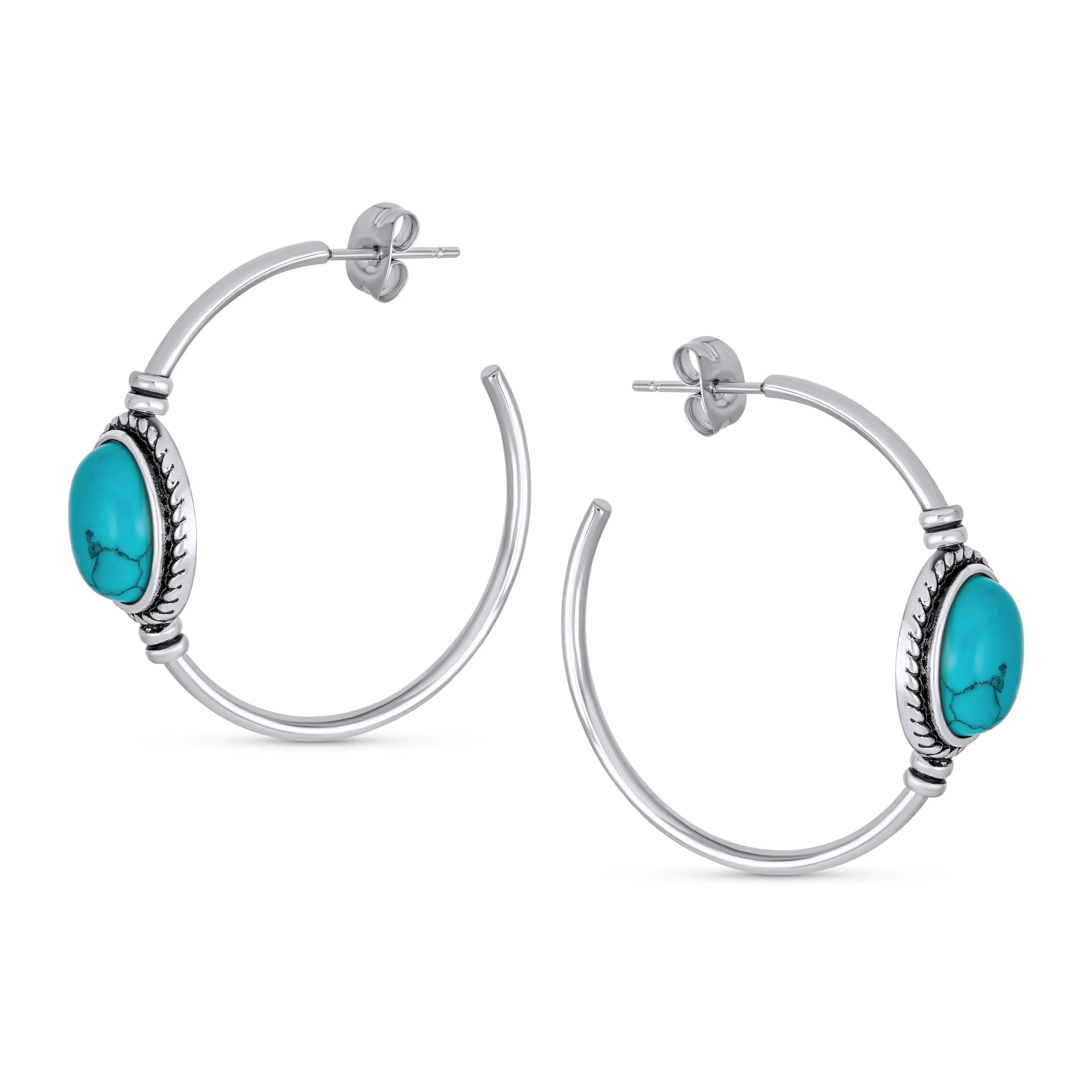 Western Style Oval Blue Turquoise CZ Hoop Earrings Silver Tone 1.25 Inch Diameter